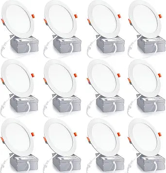 12 Pack 6 Inch Ultra-Thin LED Recessed Ceiling Light with Junction Box,6000K Daylight Deluxe Can Lights,12W 110W Eqv,Canless Wafer Slim Panel Downlight,1080LM Led Lights.