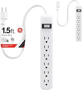 GE Power Strip, 2 Pack, 6 Outlet Extender, 1.5 ft Extension Cord, Plastic