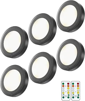 HOLKPOILOT Ultra Thin Puck Lights with Remote, LED Under Cabinet & Closet Lighting Wireless, 3 Color Temps & Dimmable Stick On Lights Battery Operated for Kitchen,Counter,Shelves (6pack)