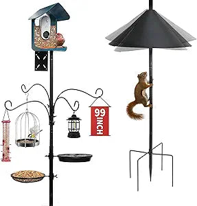 99 Inch Bird Feeder Pole with Squirrel Baffle, 360 Rotating Heavy Duty Bird House Pole for Outdoors Garden Yard, Adjustable Height Bird Feeder Stand with Shepherds Hooks Metal Trays