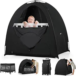Blackout Tent for Pack and Play, 95% Light Blocking Portable Sleep Pod, Easy Setup No Tools, Pack n Play Cover Fits Standard Playards, Travel Canopy with Monitor Pouch, Black 53"x37"x55"
