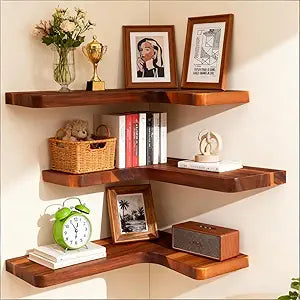 Floating Corner Shelves, Wall Shelf Set of 3, Shelves for Wall Storage, Solid Wood Shelves for Storage, Wall Mount Wooden Display Shelf for Bathroom Bedroom Kitchen Garage (Acacia, 3pcs)