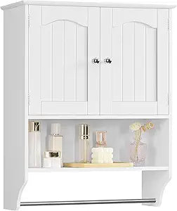 Iwell Bathroom Wall Cabinet, Over The Toilet Storage Cabinet with Towel Rack & Adjustable Shelf, Medicine Cabinet for Bathroom, White