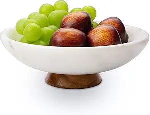 SAMAH White Marble Fruit Bowl with Acacia Wood Pedestal, Large Decorative Footed Bowl, Natural Stone Centerpiece for Kitchen Counter, Entryway, Keys, Dining Table, House Warming Gifts New Home(11Inch)