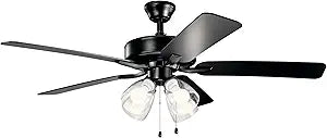Kichler Basics Pro Premier 52 in Ceiling Fan with Light, Reversible Blade Indoor Fan with 4200 CFM High Airflow in Satin Black, LED Bulbs Included for Bedroom or Kitchen, 330016SBKS