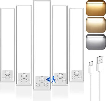 5-Pack Under Cabinet Lighting, 68LED 2000mAh Rechargeable Battery Operated Motion Sensor Light Indoor, 3 Color Wireless Dimmable Closet Lights, Magnetic Under-counter Light Fixtures for Kitchen, Home