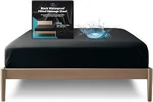 Waterproof Fitted Sheet, King, 14'' Deep Pocket, Black Mattress Protector for Massage Oil, Water-Based & Silicone-Based Products, Stain-Proof, Noiseless, Hypoallergenic, Machine Washable