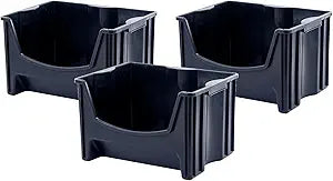 Mighty Tuff Jumbo Stackable Storage Bins, Pack of 3, Easy-Access Storage, Large Easy-to-Grip Handles, Wide Front Opening, Interlocking, Stack Vertically, Black