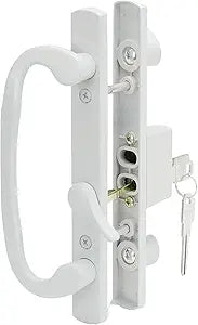 8.5" Legacy Sliding Patio Glass Door Offset Latch White Handle Set with Keys - Sash Controls 2265 Keyed Lock - Fits 3-15/16" Screw Hole Spacing and 1-1/4" to 2-1/4" Door Thickness