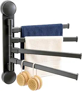 Homey Art Suction Cup Towel Bar No Drill, 4-Arm Swivel Wall Mount Towel Rack, Rustproof Aluminum & Silicone Space Saving Holder for Bathroom Shower Kitchen