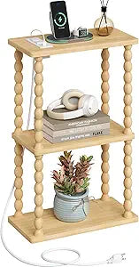 ELYKEN Side Table with Charging Station, Small End Tables Living Room with USB Port and Outlet, 3-Tier Narrow Bamboo Bedside Table Nightstands for Bedroom, Natural
