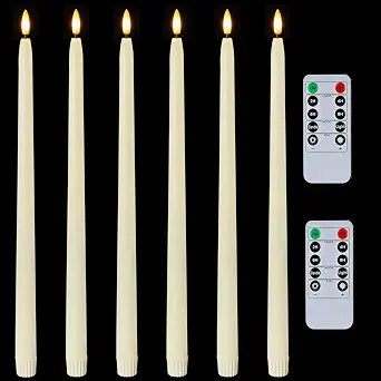 Homemory 15 inches Real Wax Flameless Taper Candles with Remote Timer, 6 Pcs Ivory LED Taper Candles Battery Operated with 3D Flickering Flame, Window Candle Led Candlesticks for Dinners Home Decor