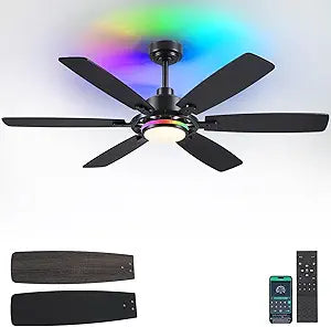 SHIHOT 54" Black RGB Ceiling Fans with Lights and Remote/APP,Modern Ceiling Fans with Quiet Reversible DC Motor for Bedroom Kids Room