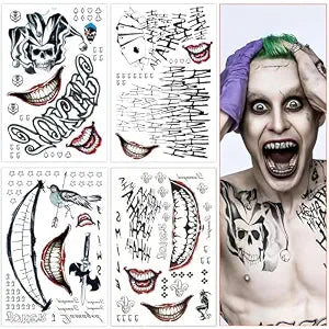 Joker Tattoos 4 Sheets, Halloween Temporary Tattoos Stickers Adults