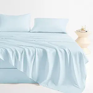 LONAVA 100% Viscose Derived from Bamboo Queen Sheet Set Sky Blue, 4 Pieces Soft Cooling Bedding with Deep Pocket UP to 16", Silky Smooth, Organic & Breathable, Breathable Bed Sheets