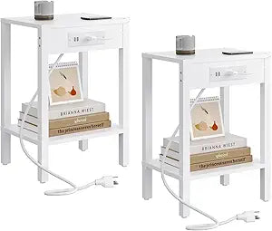 MMEOLUOOK End Table with Charging Station, Sofa Side Table Set of 2, 2-Tier Storage Shelf for Small Space, Nightstands for Living Room Bedroom Bedside Tables White MLBZ14WE-2