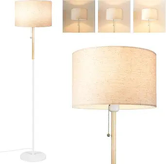 LALISU Bedroom Standing Floor Lamp, Farmhouse Lamp with Linen Shade, White