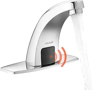VEVOR Touchless Bathroom Sink Faucet, Automatic Motion Sensor Restroom Toilet Faucet with Hole Cover Plate, Battery Operated,Hot/Cold Water for 9/16 in Pipe Commercial Lavatory,Chrome Plated Silver