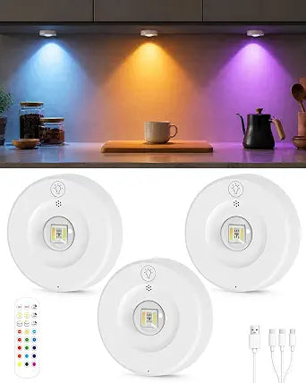 Yiliaw Under Cabinet Rechargeable Puck Lights with Remote Control,Multi-Use Under Cabinet Lighting for Kitchen Wardrobe,White-3 Pack