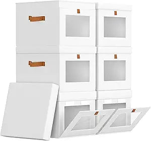 Homsorout Storage Bins with Lid  Closet Organizer with Side Opening and Clear Window, Foldable Stackable Fabric Basket for Clothes, Home, Office - 13.77" x 11.8" x 9.8", 6 Pack, White
