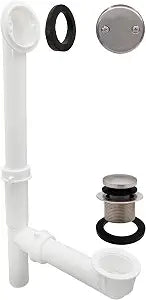 Westbrass A593244-07 14" x 1-1/2" White Tubular Bathtub Waste & Overflow Assembly with Tip-Toe Drain Plug and 2-Hole Faceplate, Satin Nickel