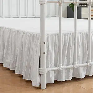 Tufted Bed Skirt Full Size, Ruffled Bed Skirt with Split Corners, Bed Skirts 22 Inch Drop, Striped, White, 22" Full
