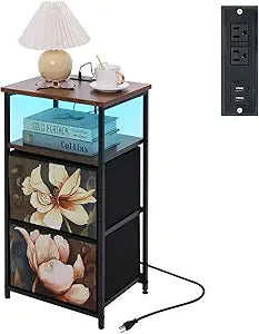 Nightstand with Charging Station, LED Bedside Table with USB Ports & Outlets, End Table with 2 Fabric Drawers&Open Shelf, Black Steel Frame for Bedroom, Retro Style