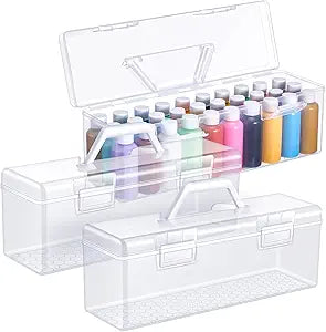 Threehoney 3 Pcs Acrylic Paint Storage Box for 2 Fl. oz Acrylic Paints, Portable Craft Art Organizer with Handle, 30 Bottles Capacity Plastic Art Supply Clear Boxes (White)