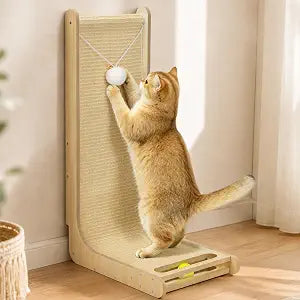 Sisal Cat Scratcher - 26.8" Large Wooden Cat Scratcher Pad with Bell Ball Plush Toy,L Shaped Scratching Post for Indoor Cats Adults,Vertical cat Scratcher Board to Protect Furniture