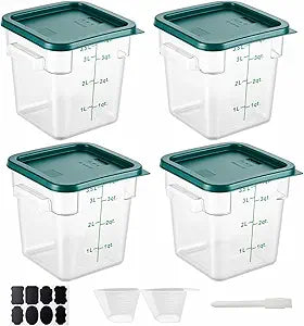 4 Pack 4QT Food Storage Containers with Green Lids, Clear Square Restaurant Commercial Food Storage Containers with Handle and Scale, Marinating Container Dough Rising Bucket for Home & Dining