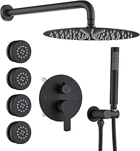 Iriber Mattle Black Round Rain Shower System with 4 PCS Body Jets 3 Function Shower Faucet Set Contain 12 Inch Shower Head and Handheld Wall Mounted Pressure Balance Shower Trim Kit (Valve Included)