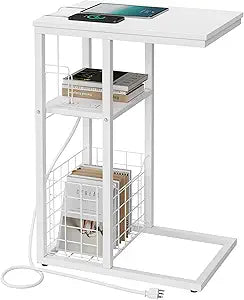 Vagusicc C Shaped End Table with Charging Station, Side Table for Couch, Small Side End Table for Small Spaces, 28" High Slide Under Sofa Table for Coffee, Tv Tray Table for Living Room, White
