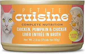 PETITE CUISINE Whole Foods Wet Cat Food, Chicken, Pumpkin & Chicken Liver Entree in Broth, 2.8 oz. Can (24 Count)