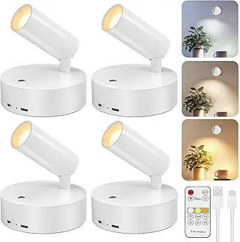 Kimjo Spot Lights Indoor, Wireless LED Spotlight, Uplighting Indoor with Remote and Dimmable, Accent Lighting for Plants, Picture, Battery Operated Wall Light (White 4 Pack)