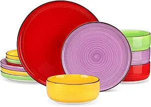 vancasso Bonita Stoneware Dinnerware Sets, 12 Pieces Dishes SetPolished Round Plates and Bowls Set for 4, Dishwasher and Microwave Safe, Multicolor