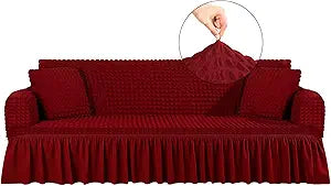 SmoothNovelty 1 Sofa Slipcover and 2 Pilllow Cover Set Sofa Couch Cover with Skirt Durable Washable High Elastic Stretchable Furniture Protector(Wine Red,L)