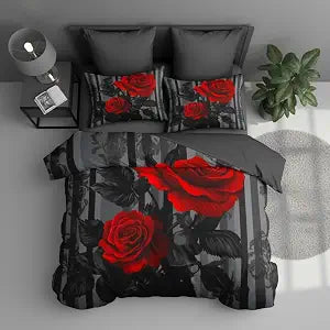 CCoutueChen Black Red Comforter Set King Size Women Red Rose Bedding Set with Black Grey Stripe Background, Suitable for Gothic Vintage Decor, 2 Pillowcases, 3Piece
