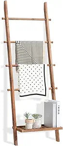 FUIN 5ft Wood Blanket Ladder with Bottom Shelf for Living Room Decorative Wall Leaning Farmhouse Quilt Display Holder Storage Rustic Wooden Towel Rack for Bathroom, Light Brown