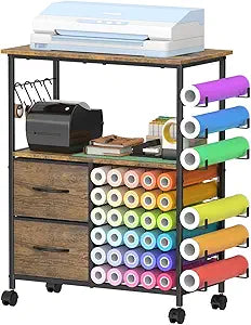 Storage Cart Compatible with Cricut Machines, 30 Vinyl Roll Holders with 2 Drawers, Mobile Rolling Craft Cabinet Table for Accessories Holder, Tool Hook for Craft Room Home, DIY