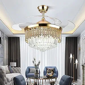 Fandian Crystal Ceiling Fan with Light Remote Control Fandelier, Modern Retractable Luxury Chanmdeliers Fan with 3 Color Change LED Light 3 Speed for Living Room Bedroom