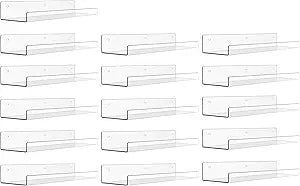 upsimples 16 Pack Acrylic Shelves for Wall Storage, 15" Floating Bookshelves for Kids, Display Shelf Organizer for Bathroom, Bedroom, Living Room, Kitchen, Room Decor, Clear