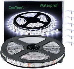 16.4ft/5m White LED Strip Lights, Waterproof & Cuttable 300 SMD 2835 Tape, 6000K 12V Flexible Ribbon for Kitchen, Cabinet, Indoor/Outdoor Lighting (No Power Supply)