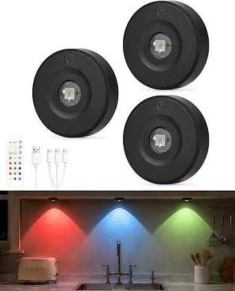 Rechargeable RGB Puck Lights with Remote, 1800mAh Under Cabinet LED Lighting