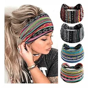 Boho Headbands For Women Fashion Stretch Wide Hair Bands Knoted Turban Head Bands Yoga Running Sweatband Elastic Headband Stylish Wrap Headbands Hair Accessories for Teen Girls 4 Pack