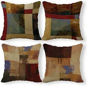 Vintage Geometric Decor Linen Throw Pillow Case, 24 x 24 Inch Set of 4, New Living Room Decor, Housewarming Gift, Modern Decor, Mid-Century Modern Style Cushion Cover for Sofa Couch Bed.