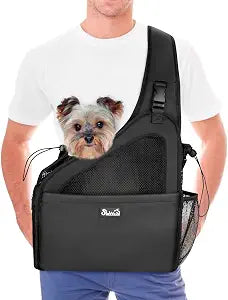 Lukovee Dog Slings for Small Dogs, Hard Bottom Support & Adjustable Soft Padded Shoudler Strap Dog Sling Carrier, Dog Purse with Button Closure & Zipper Pockets (for Pets 6-12 lbs, Black)