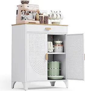 KINGBOARD White Metal Storage Organizer, Modern 2-Shelf Sideboard with Drawer, Heavy Duty Steel Cupboard for Entryway, Office, Kitchen