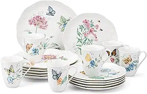 Lenox Dinnerware Set, Butterfly Meadow 18-Piece Set, Service For 6, White Porcelain, Butterfly And Flower Designs, Plates And Bowls Sets, Dishwasher Safe, Home & Kitchen (Assorted, 18 Pieces)
