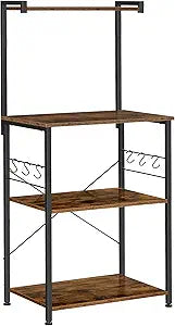 VASAGLE Kitchen Storage, Bakers Rack, Coffee Bar, 3-Tier Shelf, 6 S-Hooks, for Microwave, Spice Jars, Pots and Pans, Industrial, Rustic Brown and Black UKKS023B01
