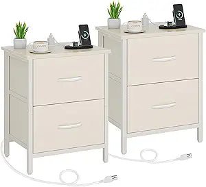Vagusicc Nightstand Set of 2 with Charging Station, End Table Bedside Table with Power Outlet & USB Ports, Side Table with 2 Fabric Drawers for Bedroom, Living Room, Beige